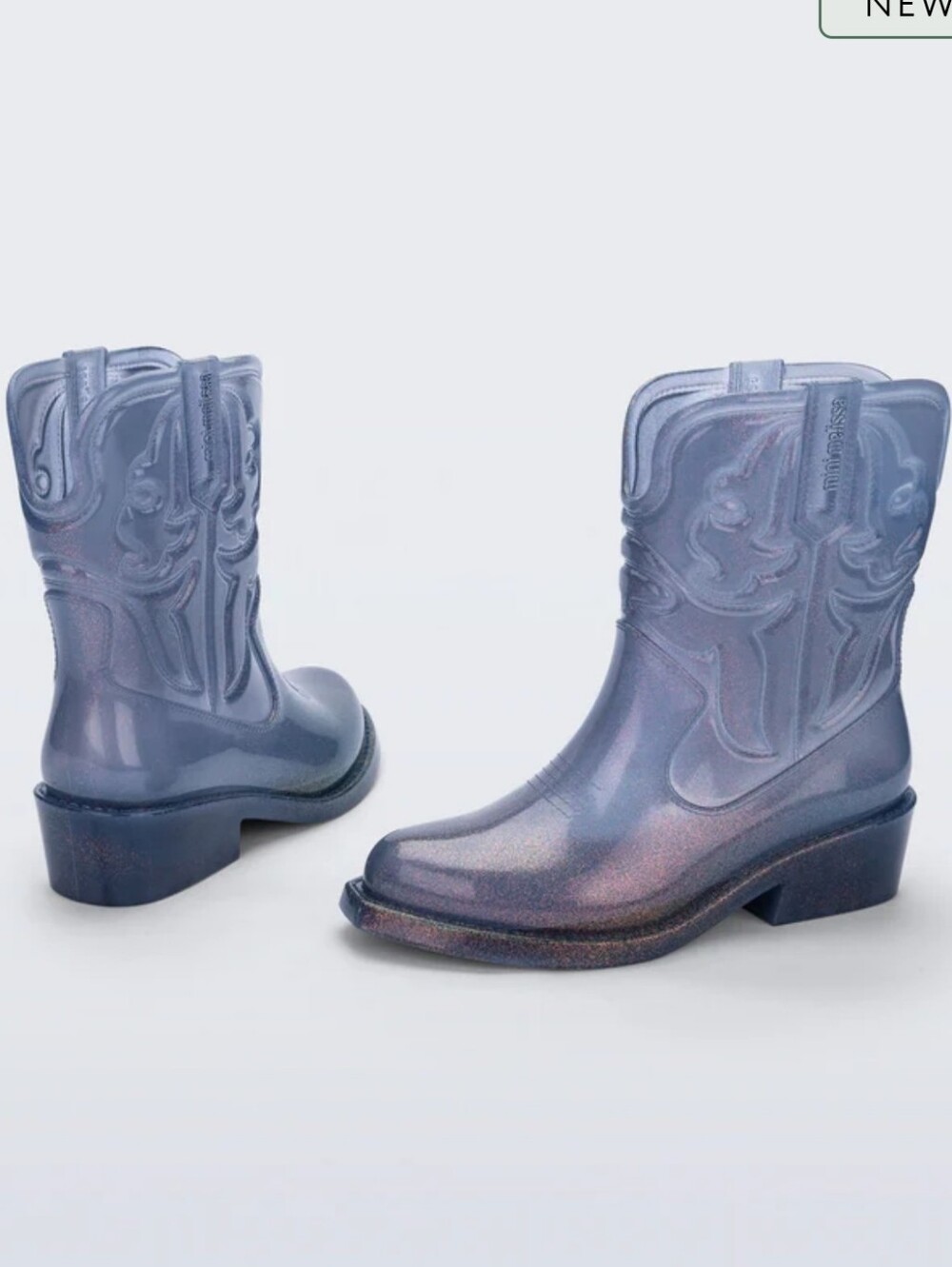 Mini Melissa Texas Boot Blue Glitter Cowboy Boot Big Kids Size 3